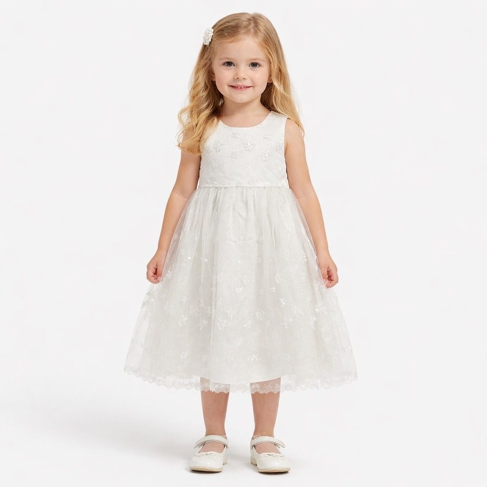 Jessica McClintock Kids White Embroidered Organza Flower Girl Dress Size 4